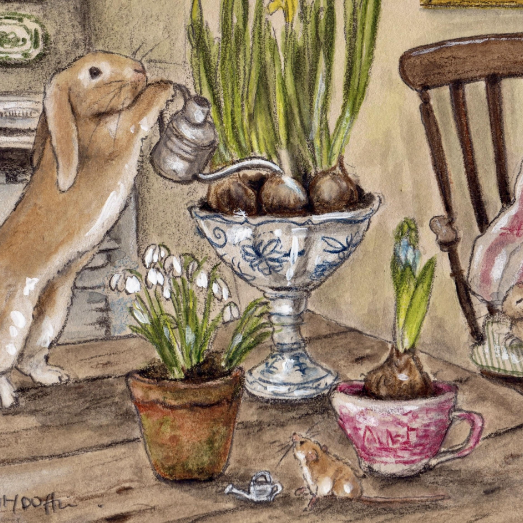 Illustration of a rabbit tending to plants on a table with a chair and decorative elements.