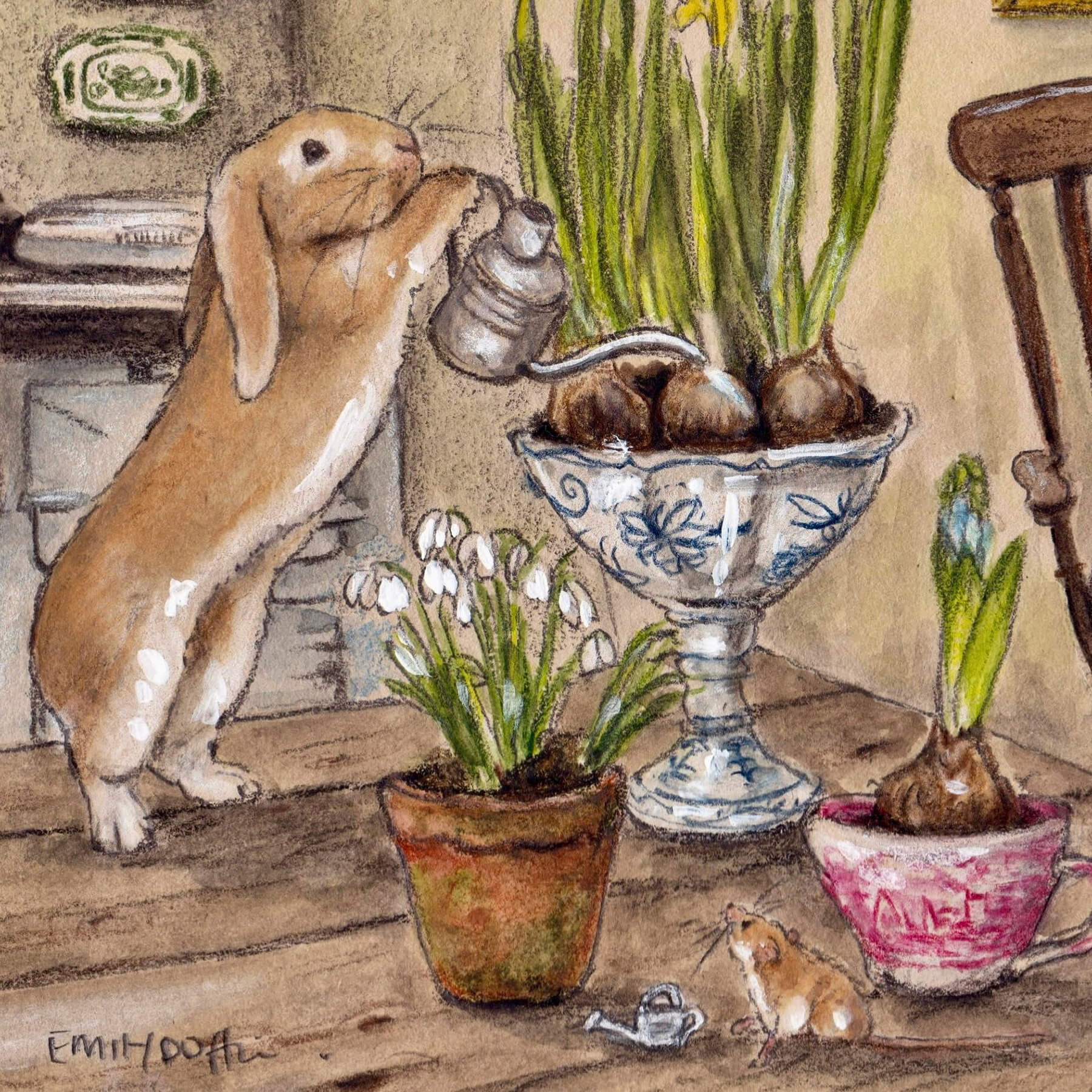 Illustration of a rabbit interacting with potted plants and a decorative vase.